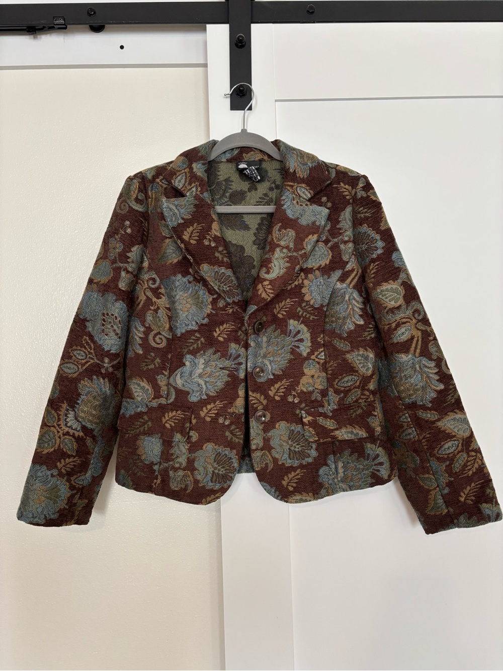 First Option Brown Floral Tapestry Blazer with Blue Accents